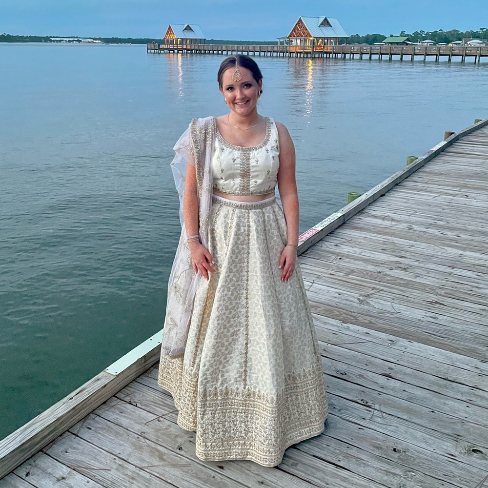 Lehenga Dress-wedding or bridesmaid cream and gold skirt crop tank top and drape